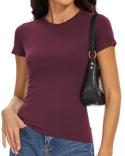 Summer Tops for Women Tight Short Sleeve Shirts Casual Compression T Shirt Fitted Basic Tees(Burgundy,M)