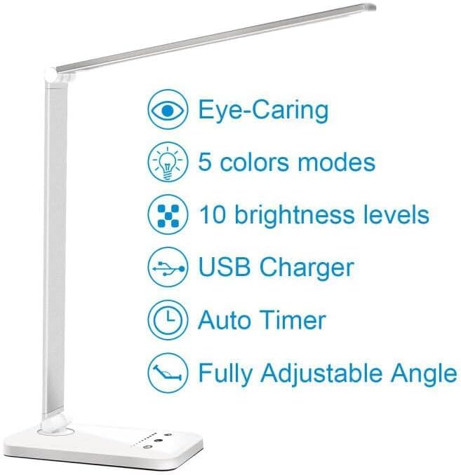 White crown LED Desk Lamp Dimmable Table Lamp Reading Lamp with USB Charging Port, 5 Lighting Modes, Sensitive Control, 30/60 Minutes Timer (White, First-Generation)