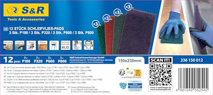 S&R Abrasive Pads 150x230mm – 12-Piece Set (P180, P320, P600, P800) – Flexible Sanding Pads for Metal, Wood, Steel & Stainless Steel – Multi-Grit Polishing & Surface Prep
