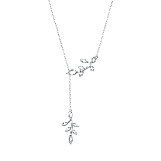 DAOCHONG Long Necklace Sterling Silver Olive Leaf Larait Bar Y Lariat Long Chain Drop Adjustable Necklace for Her, 30"