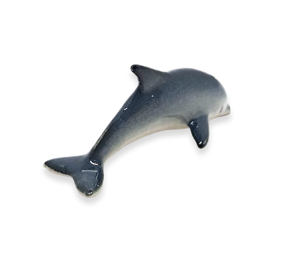 WitnyStore Tiny 1¼" Blue Gray Curved Dolphin Figurine - Miniature Hand Made Ceramic Dolphins Porpoises Whales Marine Mammal Aquatic Sea Animals Fish Porcelain Decorative Collectible Figure Décor Gifts