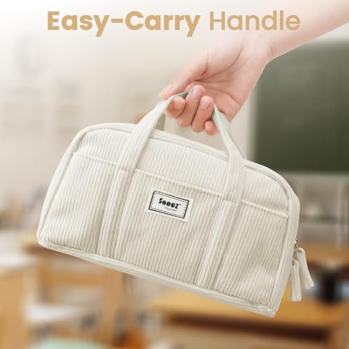Sooez Large Pencil Case Pouch, Extra Big Pencil Bag with 5 Compartments, Pen Bag Wide Opening, Soft Corduroy Pen Pouch Organizer with Zipper, Cute Aesthetic School Supplies for Teen Girls-Green