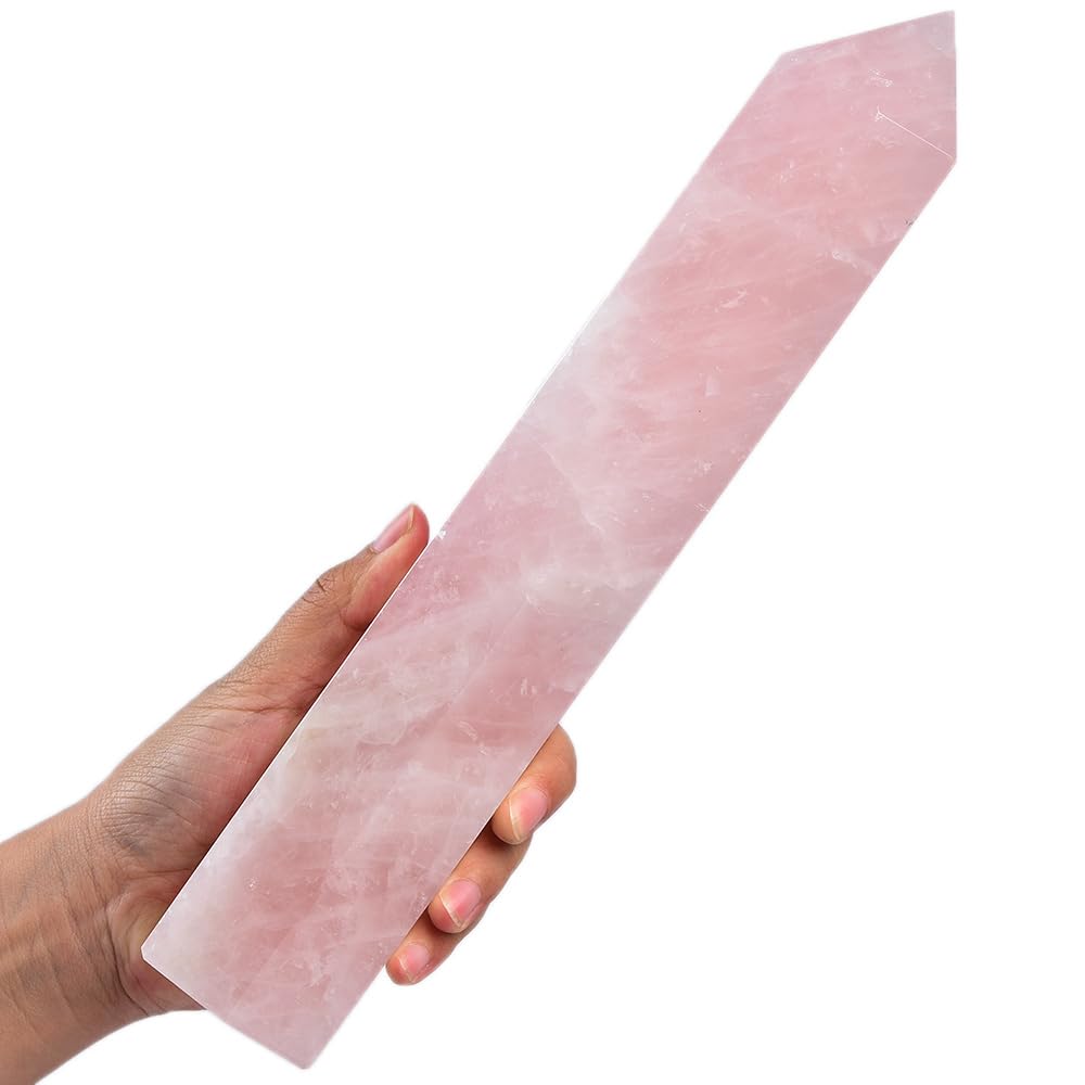MOGEMT Large Rose Quartz Crystal Tower Natural Healing Crystal Point Wand Obelisk 6 Faceted Reiki Chakra Meditation Therapy Home Decor Gift 10-12 inch