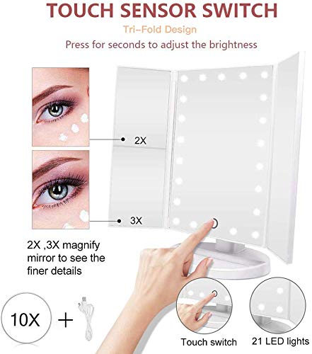PUVLISZ Vanity Cosmetic/Makeup Mirror with 22 LED Lights, Touch Screen, Magnification Tri-Fold 2X 3X Magnifying, 180° Free Rotation, Dual Power Supply White
