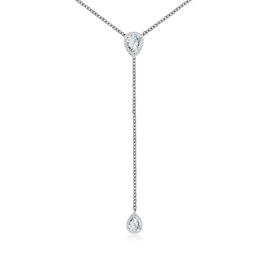 CZ Pear Drop Lariat Necklace 16" with 2.75" Y Drop Adjustable, White Gold Finish