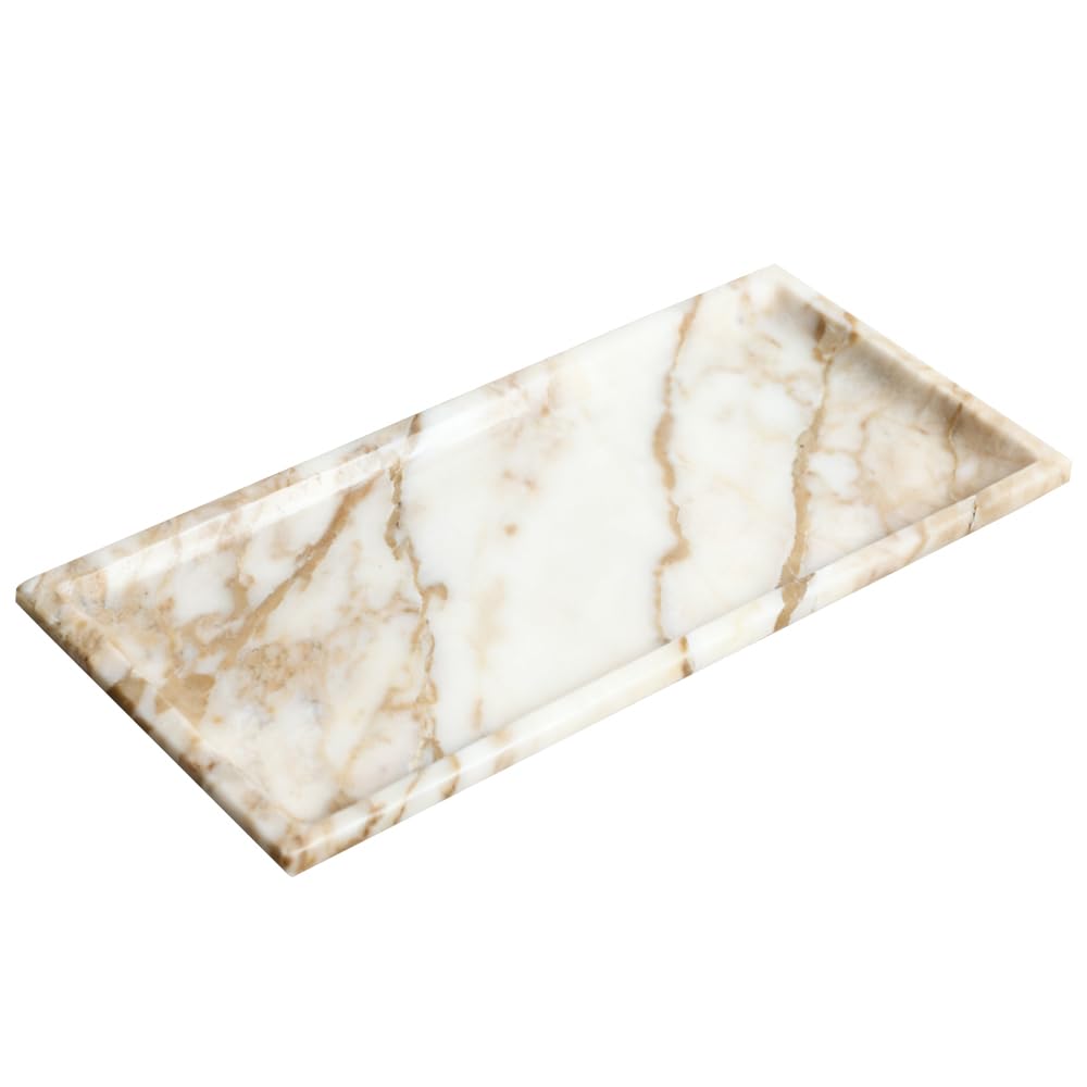DUANYAN Natural Marble Tray for Kitchen Counter Living Room, Stone Plate for Fruit Jewelry Perfume Cosmetics Key, Decorative Tray for Table Decor (Calacatta-Glod/Rectangular 11.8"x5.9"x0.7")