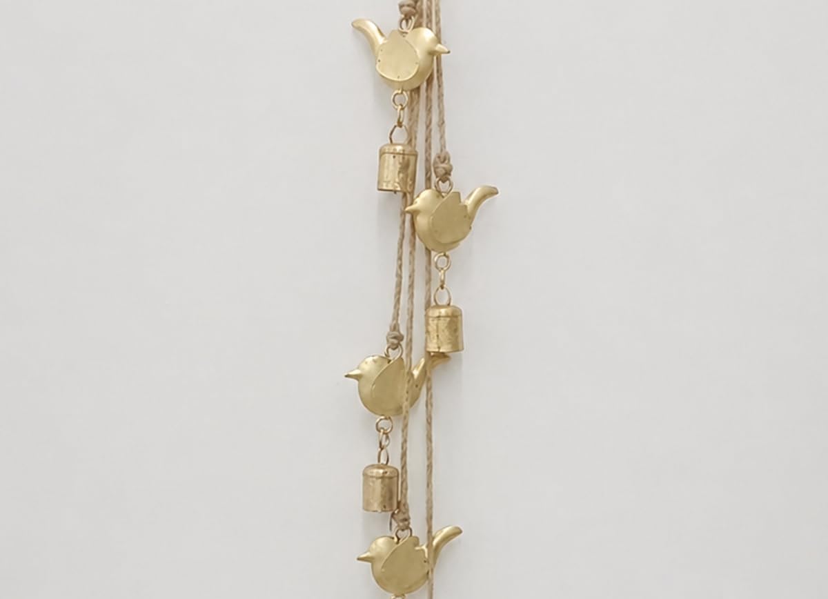 Rustic Gold Birds & Bells Garland with Rope Brass Rustic Handmade Metal Hanging Birds and Bells Cluster for Farmhouse Cow Bell Cluster Christmas, Holiday Garden Decor (5 Bird & 5 Bell String 27")