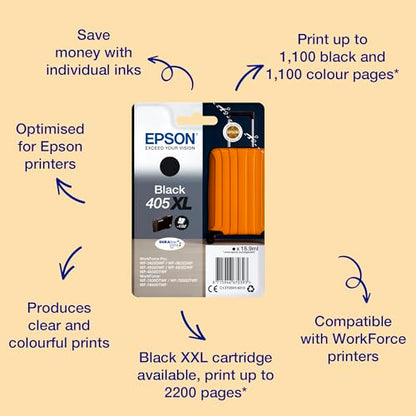 Epson 405XL Black Suitcase High Yield Genuine, DURABrite Ultra Ink,XL High Capacity