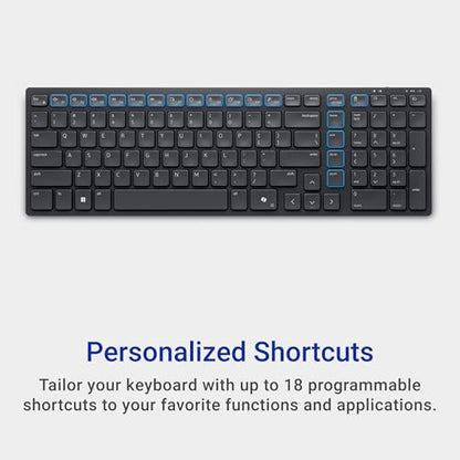 Dell Wireless Keyboard and Mouse - KM3322W, Wireless - 2.4GHz, Optical LED Sensor, Mechanical Scroll, Anti-Fade Plunger Keys, 6 Multimedia Keys, Tilt Leg - Black
