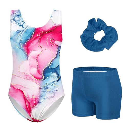 TUONROAD Leotards for Girls With Matching Shorts Shiny Gymnastics Biketards Size 8-9 Girl's Sleeveless Tumbling Outfits With Hair Scrunchie for Age 9 Girls Gym Outfits,8-9 Year Old