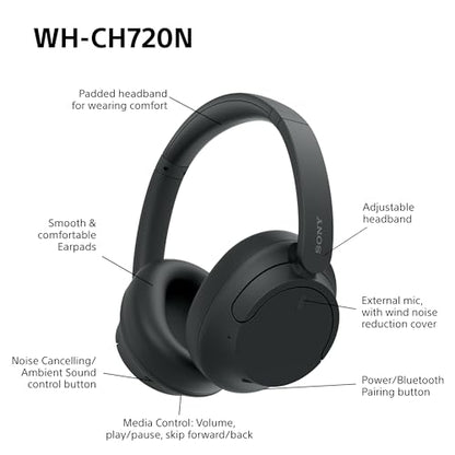 Sony WH-CH720N Wireless Bluetooth Noise Cancelling Over-Ear Headphones, Ambient Sound Mode, Lightweight Design, up to 35 hr battery life, iOS & Android - Black