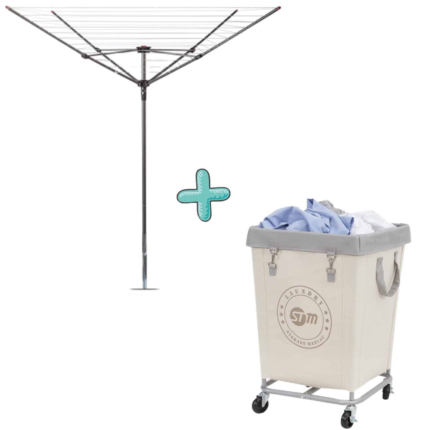 STORAGE MANIAC Umbrella Drying Rack and Medium Industrial Laundry Cart Set - Streamlined Laundry Solution with High Capacity and Extra Accessories for Efficient Washing, Drying, and Storage