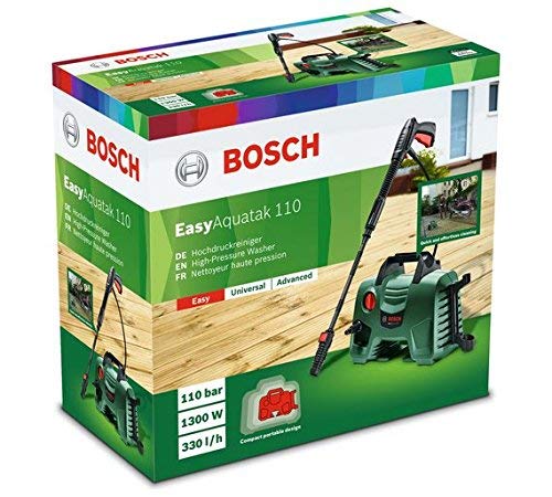 Bosch high pressure washer EasyAquatak 110 (compact design, 110-bar pump, 450-ml High-Pressure Detergent Nozzle, push-fit connections, in-use gun storage, accessory storage)