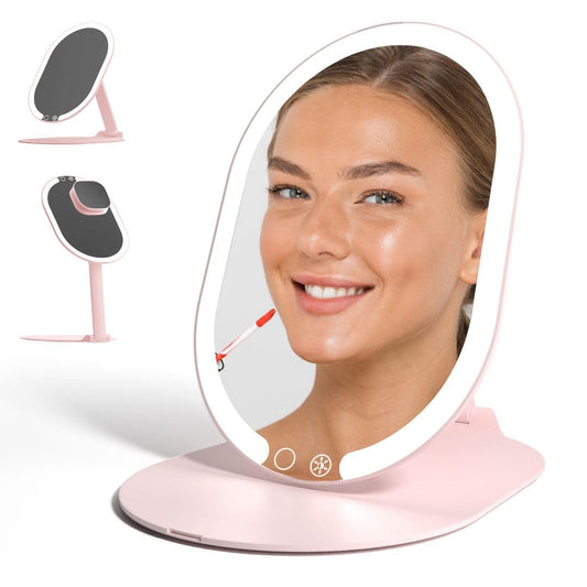 Fancii LED Rechargeable Portable Makeup Mirror with 3 Color Light Settings & 10x Magnetic Magnifying Mirror – Ultra Slim, Foldable Travel Vanity Mirror, 1500 mAh Battery, Height (Pink)