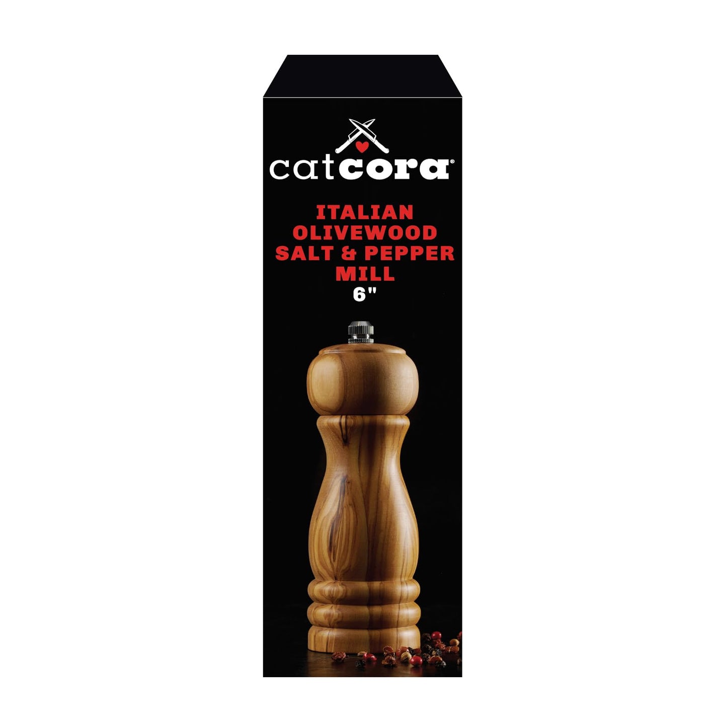 Cat Cora Salt Pepper Mill, Professional Italian Olivewood and Ceramic Mechanism For Grinding Peppercorns and Coarse Salt, Ergonomic Contoured Design