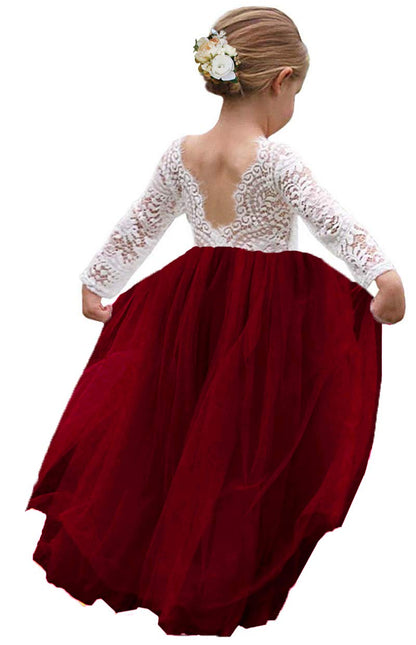 Girl Toddler Full-Length Straight Tulle Tutu Lace Back Party Flower Girl Dress (6-7 Year, Sleeve-Wine red)