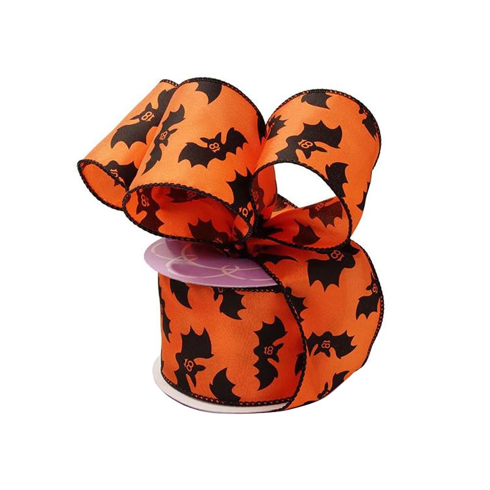 Cute Bats Halloween Wired Ribbon - 2 1/2" x 10 Yards, Orange & Black, Bows, Wreath, Decoration, Fall, Gift Wrapping