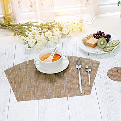 SHACOS Round Table Placemats Set of 4 Wedge Shape Woven Vinyl Place Mats Heat Resistant Wipe Clean Round Table Mats Home Table Decor (4, Tan)