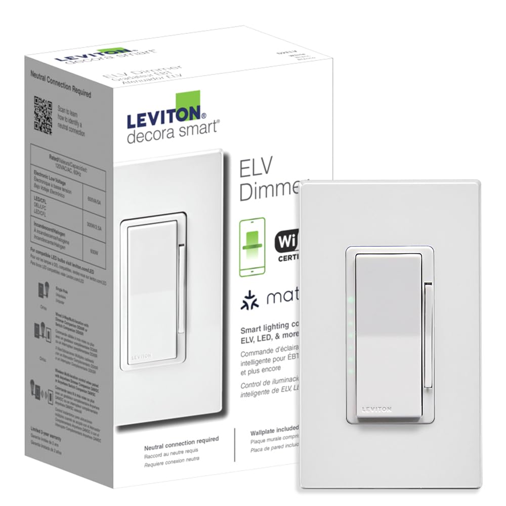 Leviton Decora Smart Switch, Wi-Fi 2nd Gen, Neutral Wire Required, Works with Matter, My Leviton, Alexa, Google Assistant, Apple Home/Siri & Wired or Wire-Free 3-Way, D215S-1RW, White