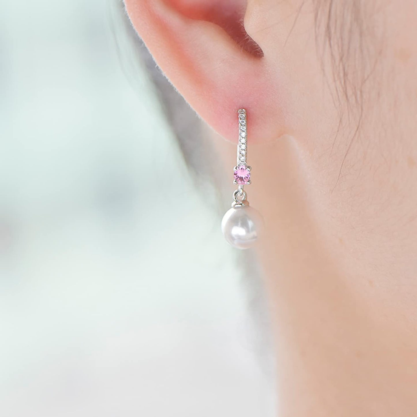 JO WISDOM Pearl Earrings,925 Sterling Silver 8mm Pearl Leverback Drop Earrings with 3A CZ October Birthstone Tourmaline Color,Jewelry for Women