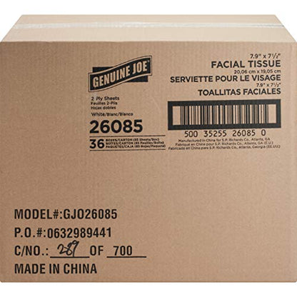Genuine Joe Facial Tissue Cube Box, 7.9" x 7.5", 2-Ply, 85 Sheets/Box, 36 Count