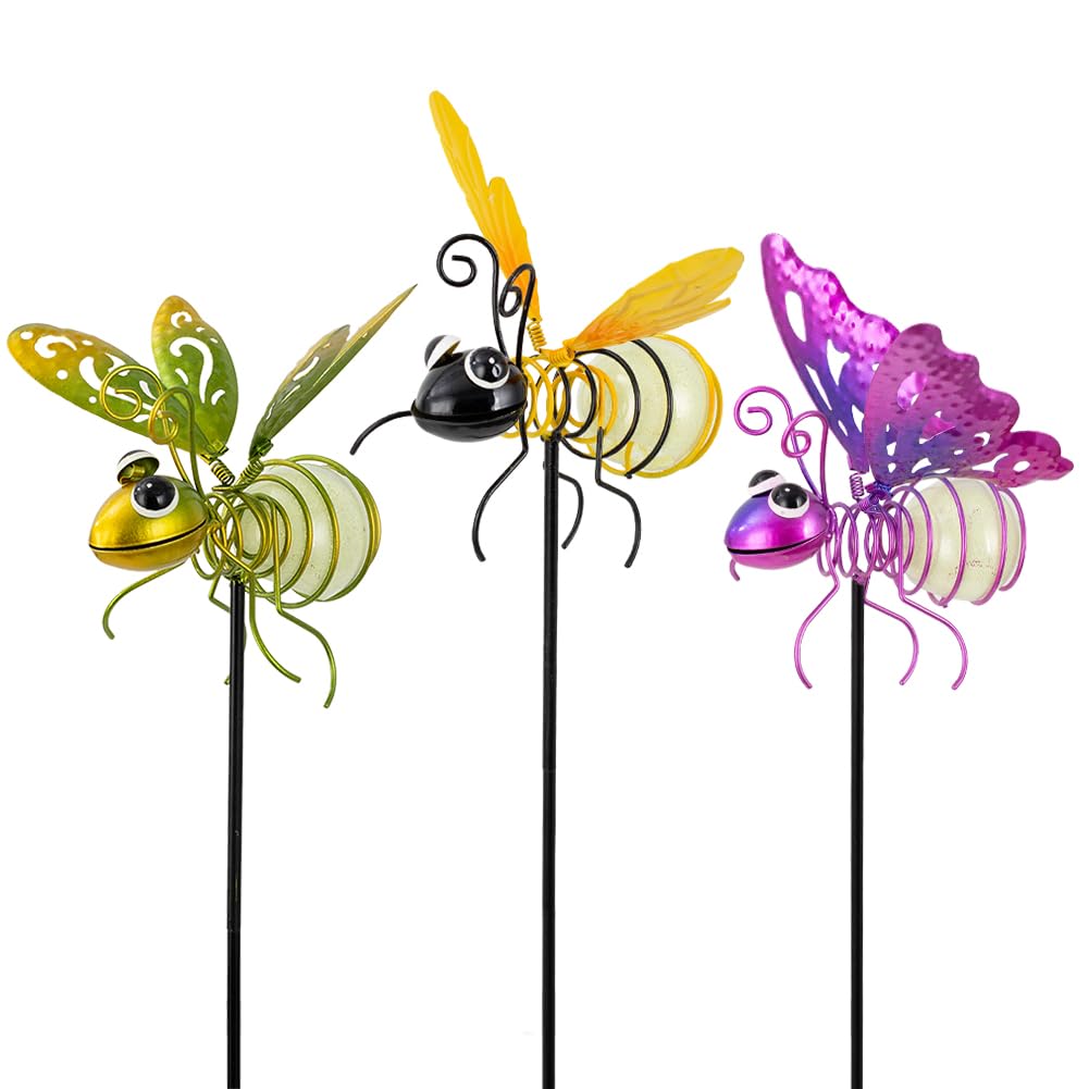 SATHGA Garden Decor for Outside,3 Pcs Luminous Insect Garden Decorative Stakes,Glow in The Dark Bee Lights Metal Yard Art,Waterproof Outdoor Spring Lawn Patio Pathway Decoration for Mom,Women,Grandma