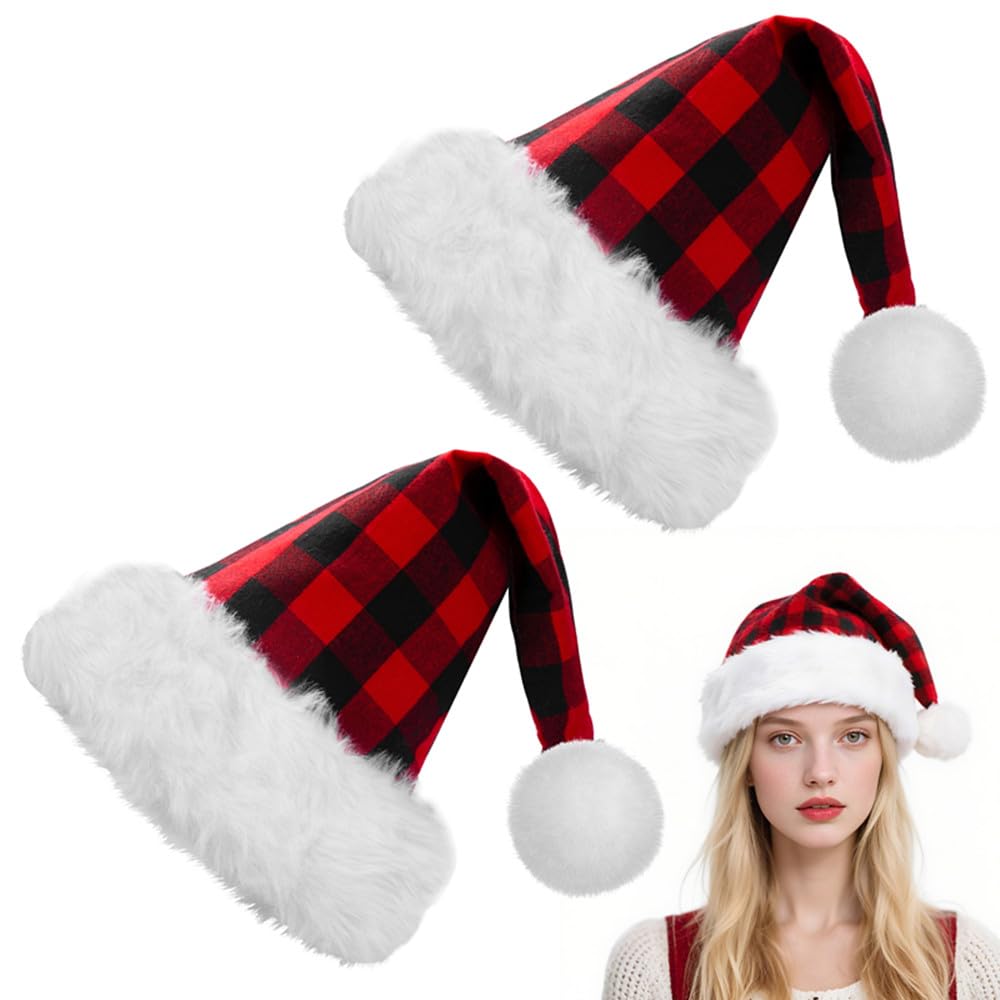 ALIMITOPIA 2pcs Christmas Santa Hat,Double Layer Luxury Plush Christmas Santa Claus Cap Xmas Hat for Adults (Plaid)