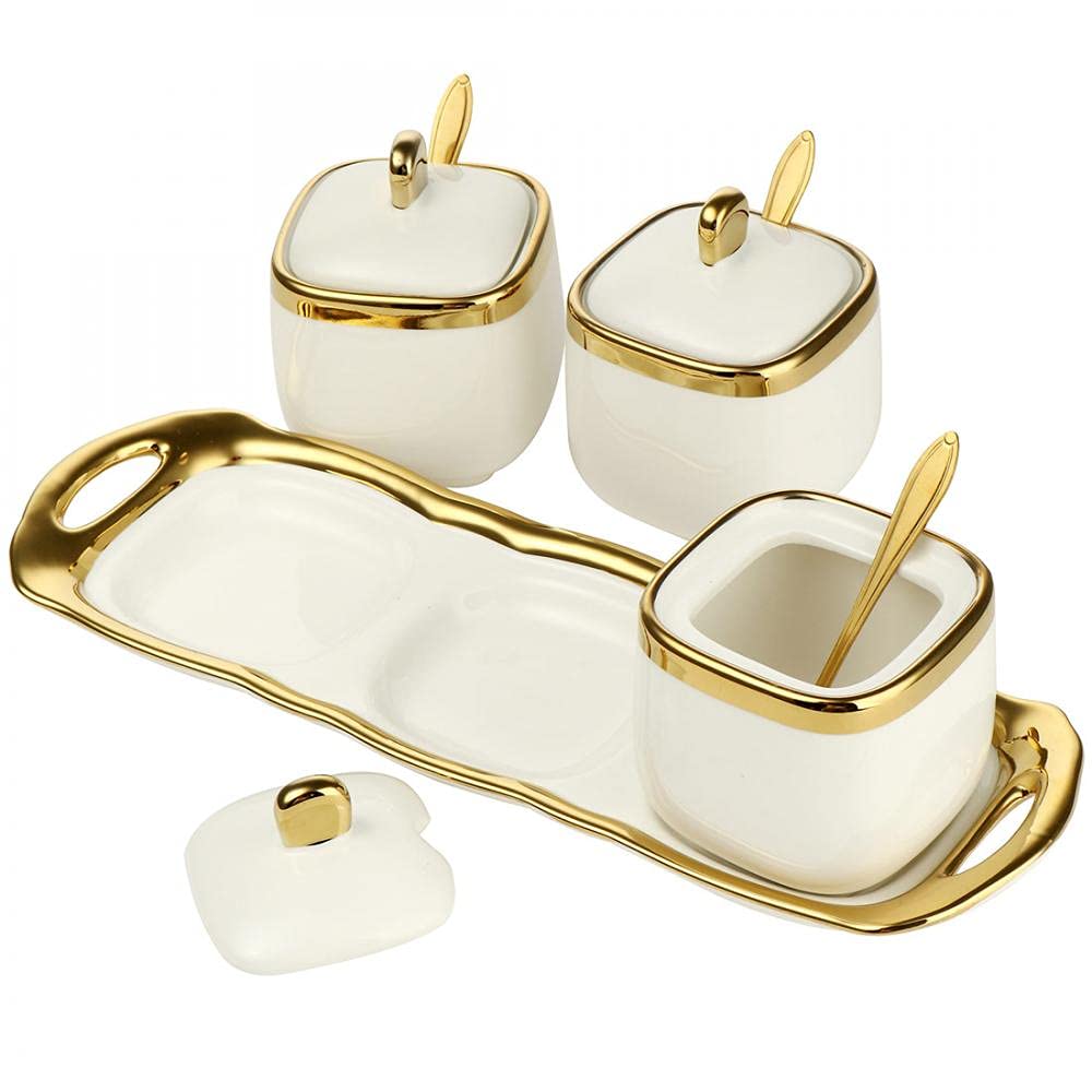 3 pack Ceramic Sugar Bowls Set-Marble Porcelain Spice Jars Storage Containers Condiment Jar Spice Container with Spoons and Lids for Home and Kitchen (White)