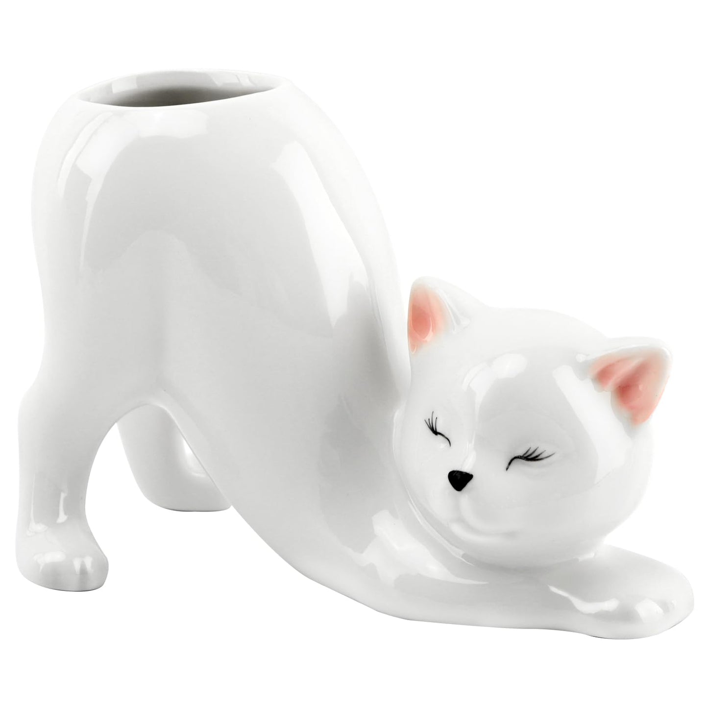 HKZTUY Ceramic Cat Planter Pot for Succulents and Cactus, Small Indoor Kitty Flower Pot with Drainage Hole, 5.71 x 2.95 x 3.86 in, Cute Desk Shelf Home Office Decor, White