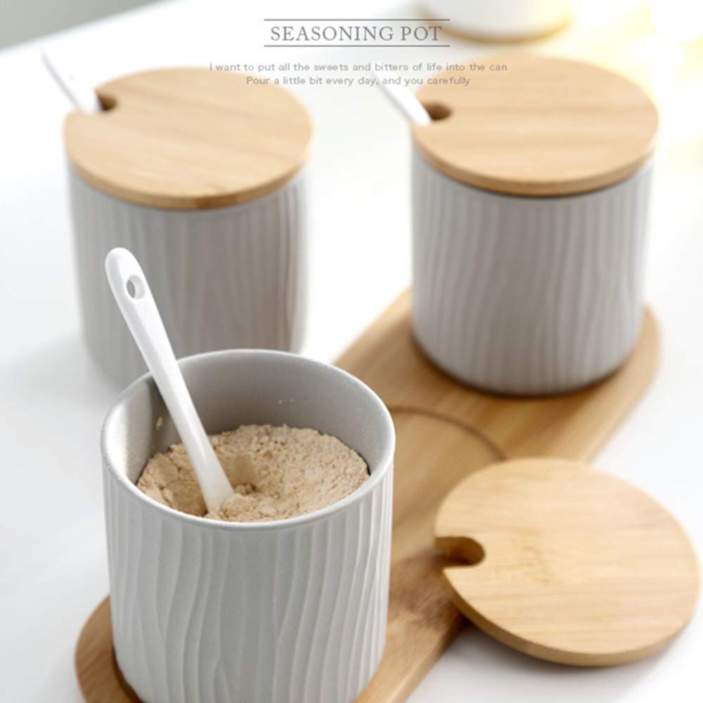 OnePine Set of 2 Ceramic Sugar Bowl 300ml Ceramic Spice Jar Condiment Pots with Bamboo Lid and Ceramic Spoon for Home and Kitchen, Height 3.93 inch,White and Gray