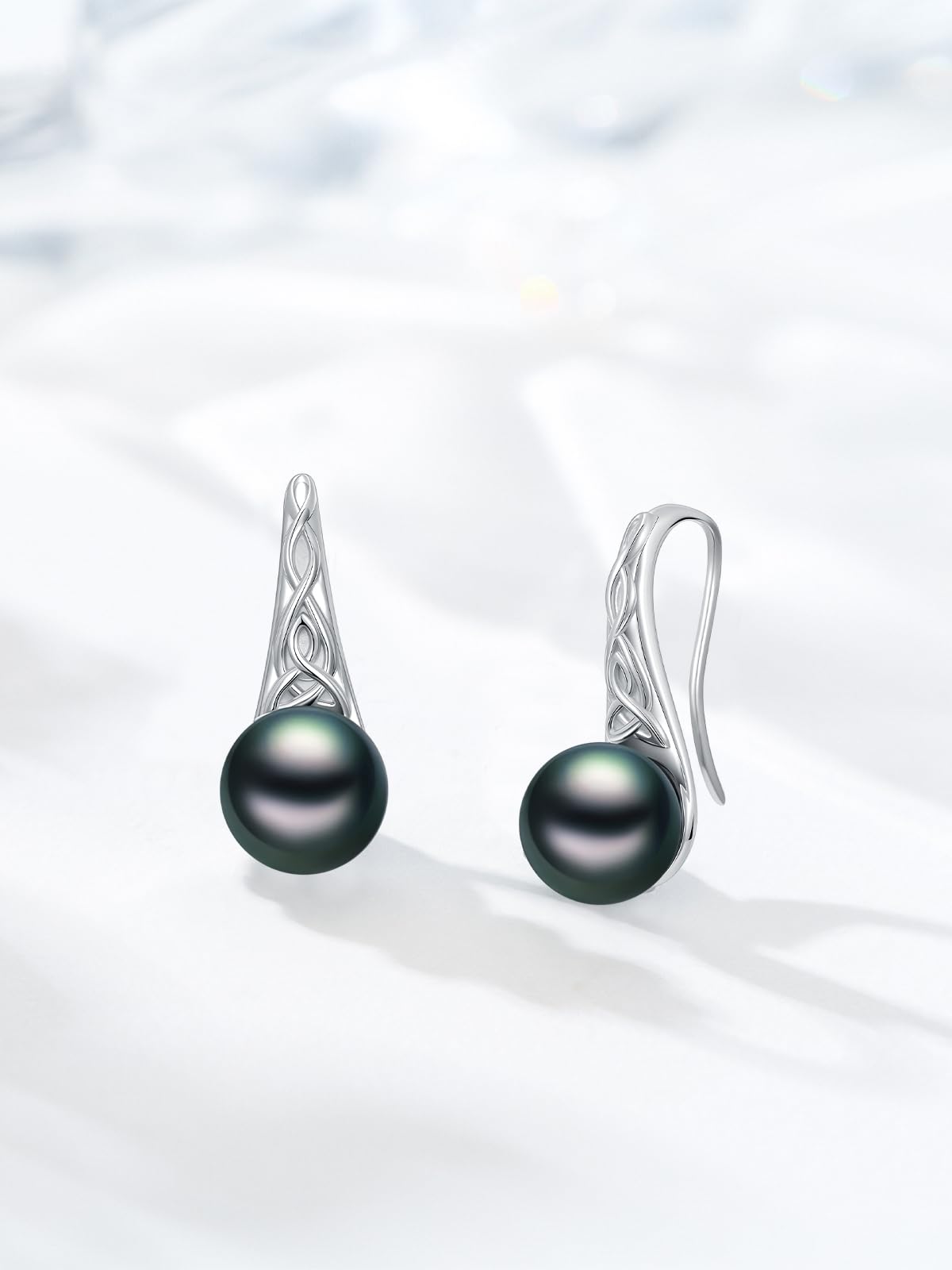 Tahitian Black Pearl Earrings 18K White Gold Plated 925 Sterling Silver Celtic Knot Earrings AAA+ Handpicked Pearl Jewelry Gifts Drop Dangle Earrings for Wife Women Birthday Wedding Anniversary