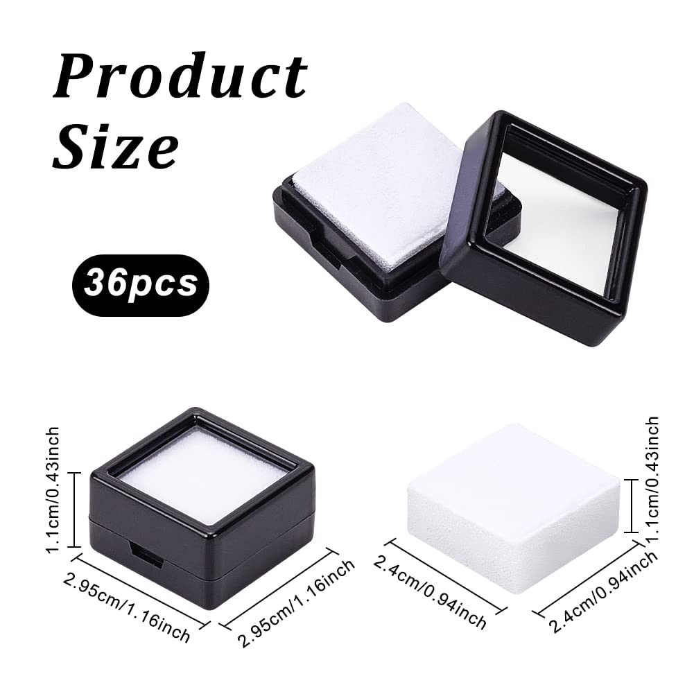 BENECREAT 36 Pcs Black Gemstone Display Box Plastic Transparent Bare Stone Box Black Square Jewelry Box 1.16x1.16x0.65 Suitable for Gemstone, Jewelry, Crystal Diamond Accessories Display