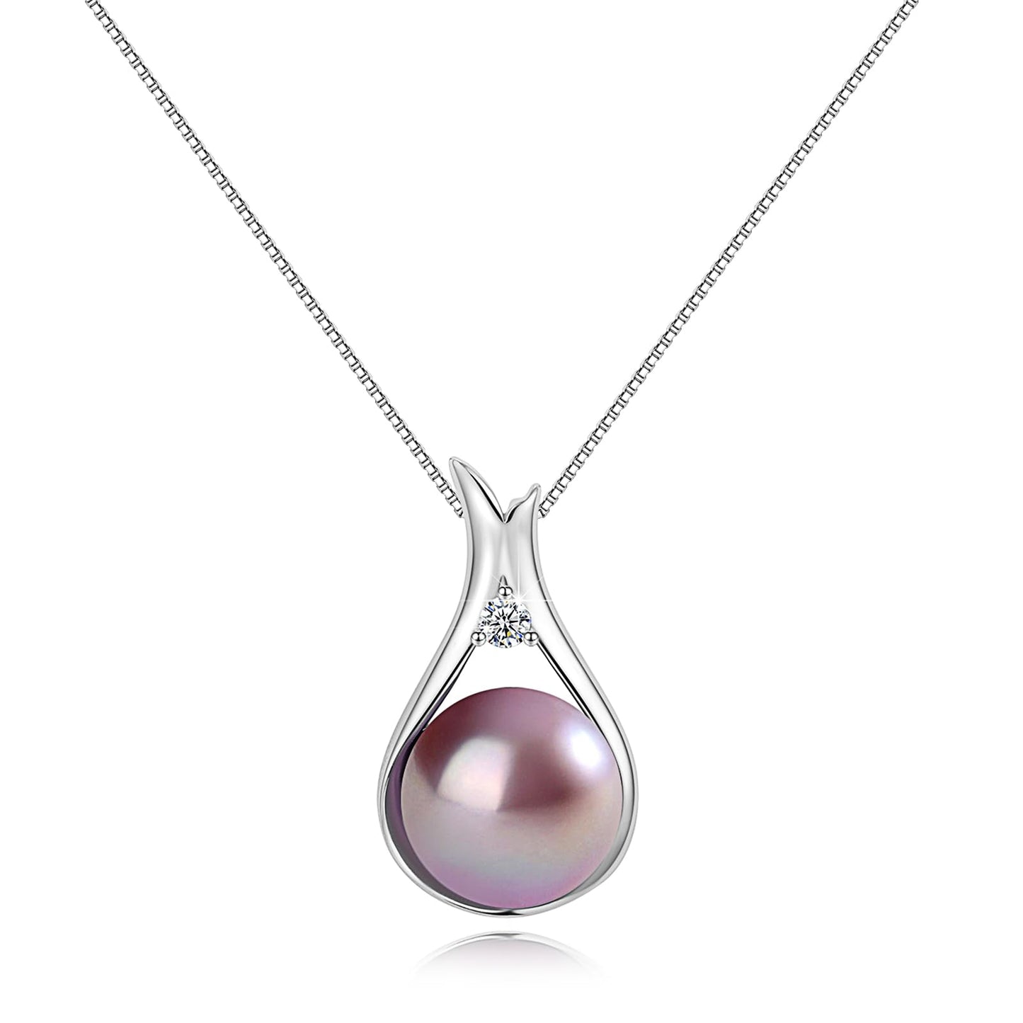 YAMI Pearl Pendant Necklace, Freshwater Cultured Edison Purple Pearl 10-11mm in Round Shape, 925 Sterling Silver Necklace, Anniversary Birthday Jewelry Gifts 18+2IN