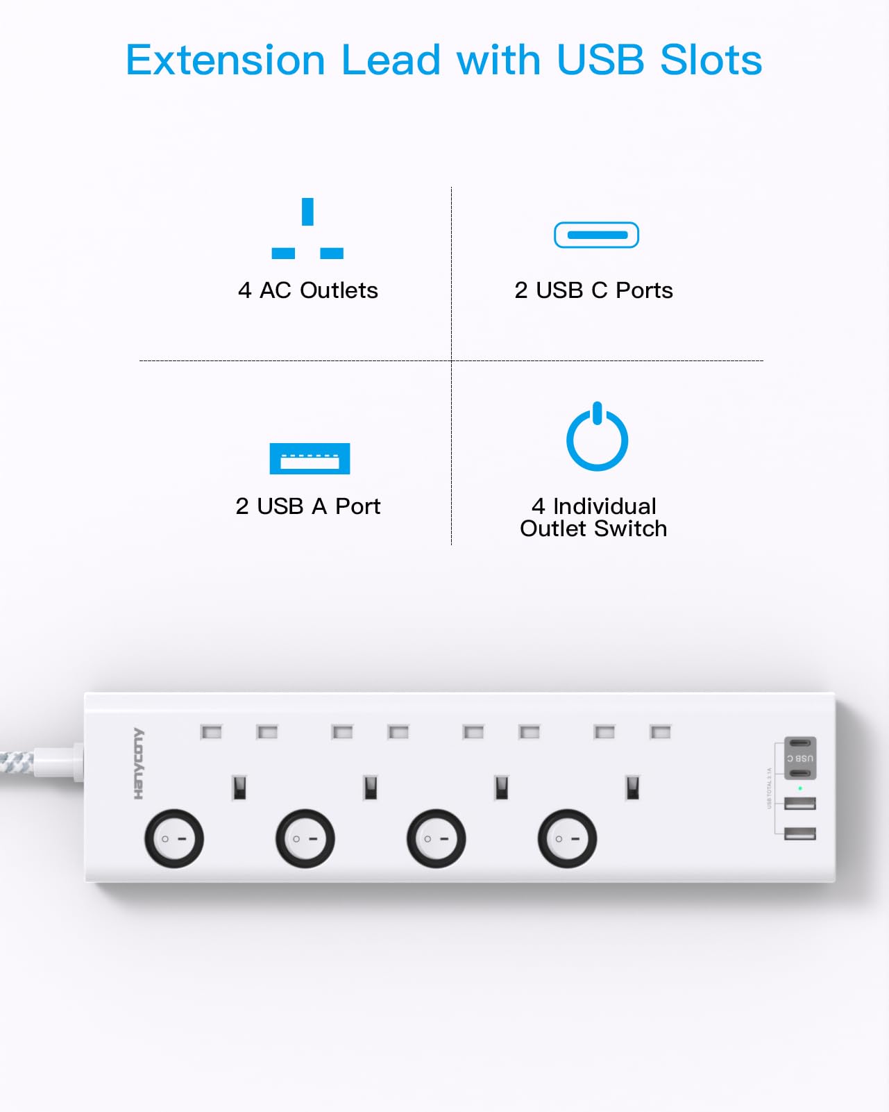 Extension Lead with USB Slots(2 USB C), HANYCONY 4 Way Plug Extension Socket with Individual Switches, 1.8M Extension Cable, Wall Mount Extension Cord, Desk Power Strip for Bedroom Office Accessories