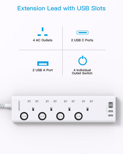 Extension Lead with USB Slots(2 USB C), HANYCONY 4 Way Plug Extension Socket with Individual Switches, 1.8M Extension Cable, Wall Mount Extension Cord, Desk Power Strip for Bedroom Office Accessories