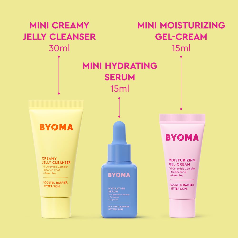 BYOMA So Hydrated Set - Barrier Repair Skincare Set (30ml, 15ml, 15ml) Creamy Jelly Cleanser, Hydrating Face Serum and Ceramide Face Moisturiser for Dry Skin - Anti Wrinkle, Alcohol Free, Vegan