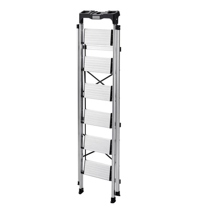 VEVOR 6 Step Ladder, Folding Step Stool with Wide Anti-Slip Pedal and Comfort Handgrip, 330 lbs Capacity Portable Aluminum Stepladder, Multi-Use for Kitchen, Warehouse, Household and Office, Silver