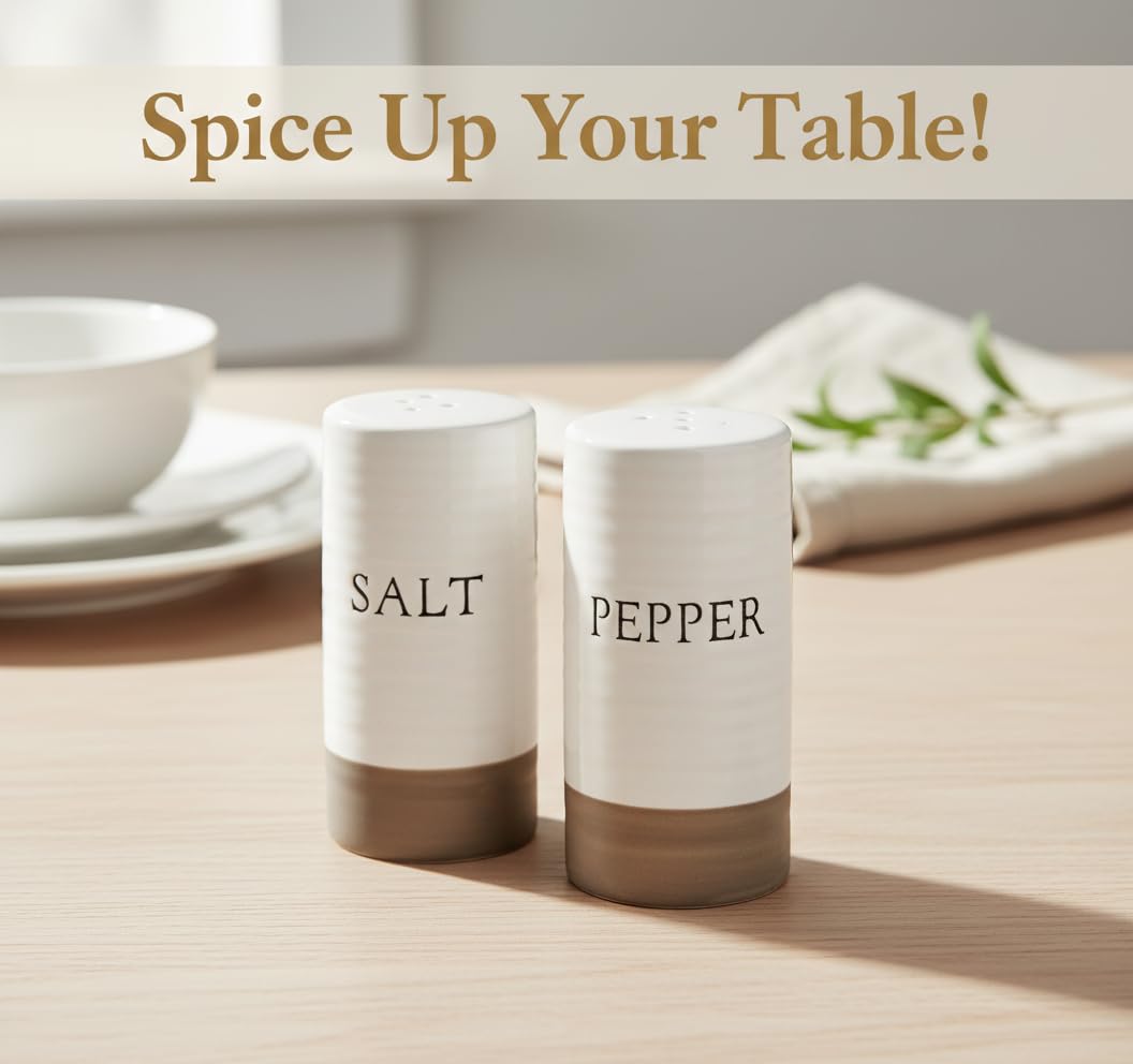 Young's Inc. Farmhouse Mini Ceramic Salt and Pepper Shaker Set - Cute Kitchen Table Accessories and Decor, Small 3-Inch Modern White Rustic Dining Table Decor for Everyday Dining and Gift Giving