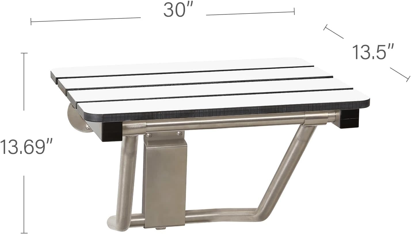 30" x 15" Phenolic White 3” Slats Folding Wall Mount Shower Seat Bench, ADA Compliant