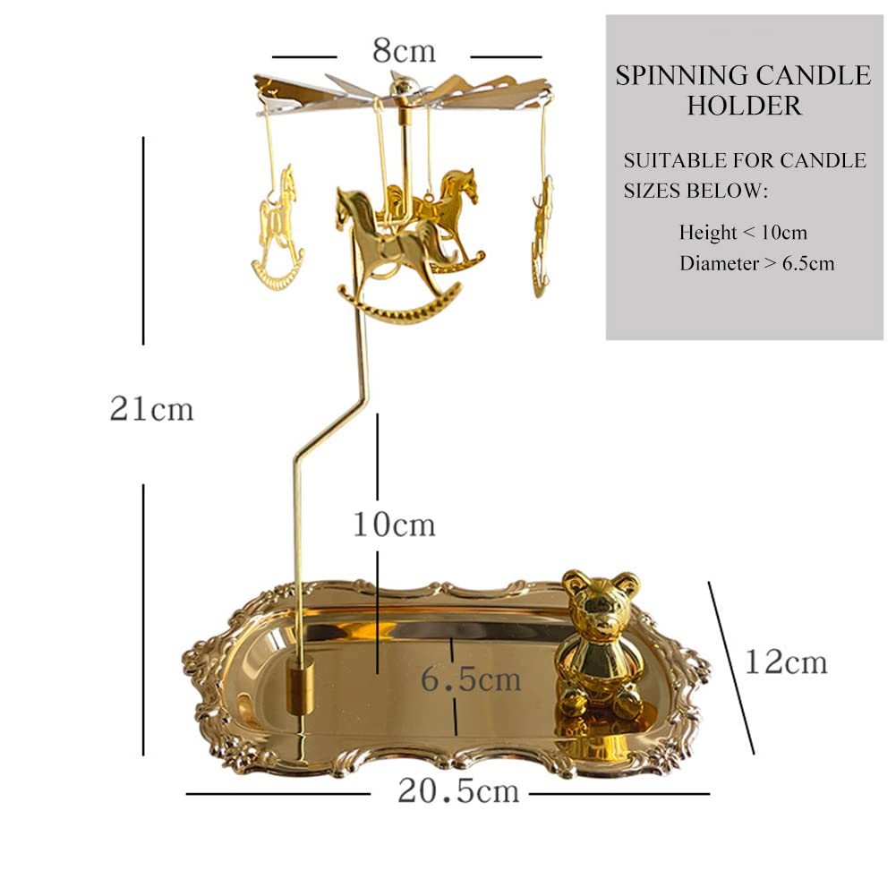 Candle Spinner Spinning Candle Holder with Tray and Bear Accessories, Gold Tea Lights Candle Holder for Table Decoration, Christmas, Valentine's Day, Party Decoration (Carousel)