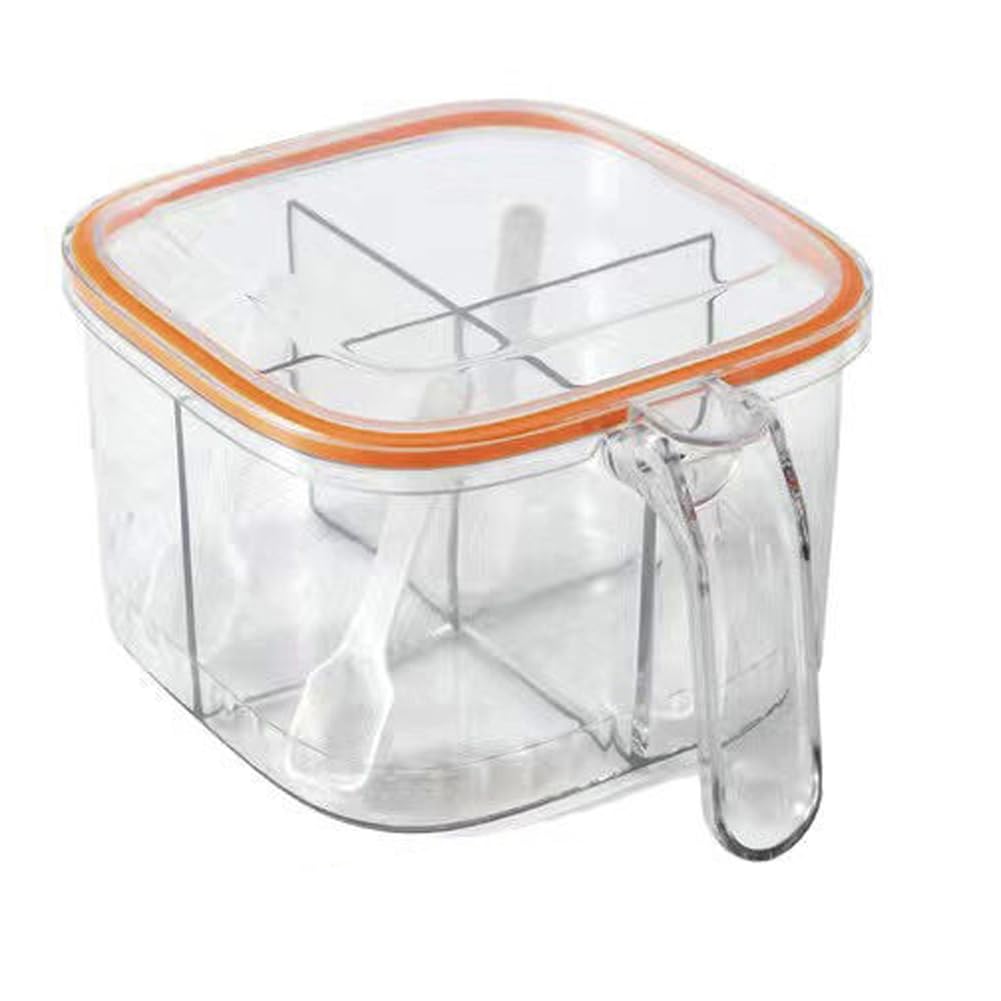 luzen 1PC Clear Plastic 4 Compartments Seasoning Box with Spoon and Lid Home Kitchen Condiment Jar Spice Container Spice Salt Canister Kitchen Gadgets for Kitchen Cooking Supplies, Orange