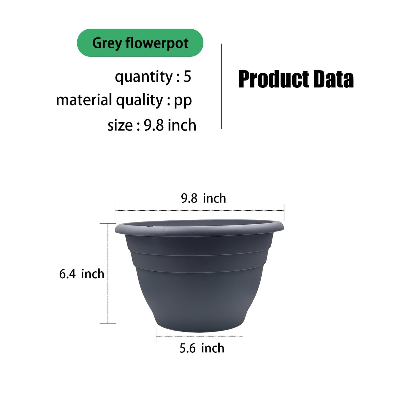 RooTrimmer 5 Pack 10 Inch Plant Pots for Indoor Outdoor,Plastic Floor Planters with Drainage Holes,Lightweight Flower Pots for Home,Patio & Garden(Grey)