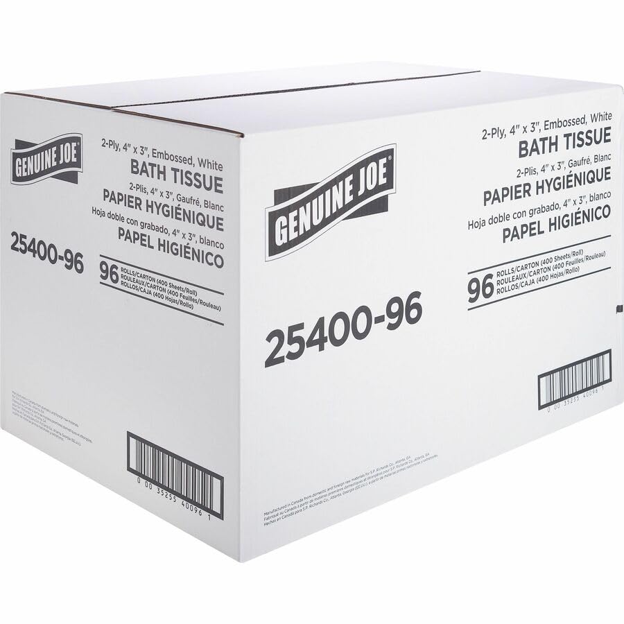Genuine Joe Standard Bath Tissue, 3" x 4", 2-Ply, 400 Sheets/Roll, 96 Count