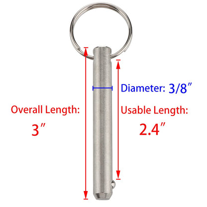 2 Pcs Large Quick Release Pins, Diameter 3/8"(9.5mm), Usable Length 2.4"(61mm), Overall Length 3"(76mm), Full 316 Stainless Steel, Bimini Top Pin, Marine Hardware