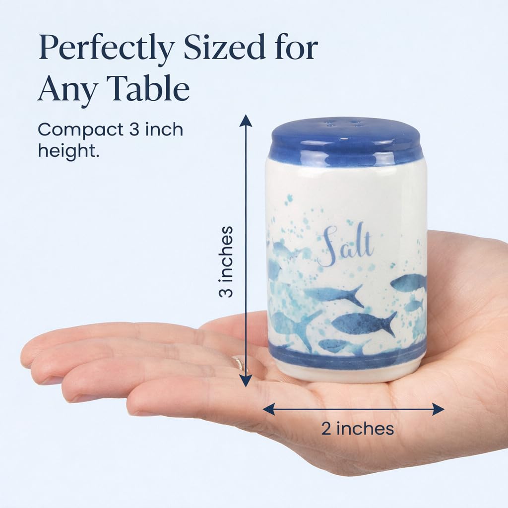 Beachy Blue Fish & Ocean Waves Ceramic Salt & Pepper Shakers