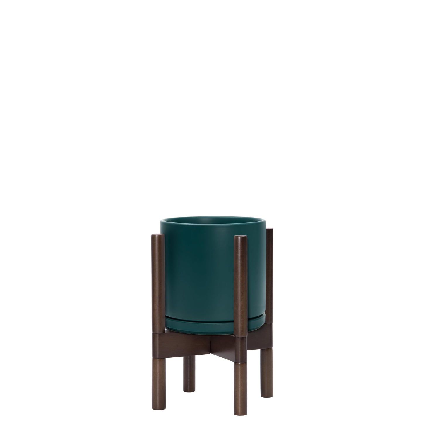 D'vine Dev Ceramic Planter with Walnut Color Stand - 8 Inch Modern Round Flower Pot with Wood Planter Holder, Teal, 55-B-Y-4