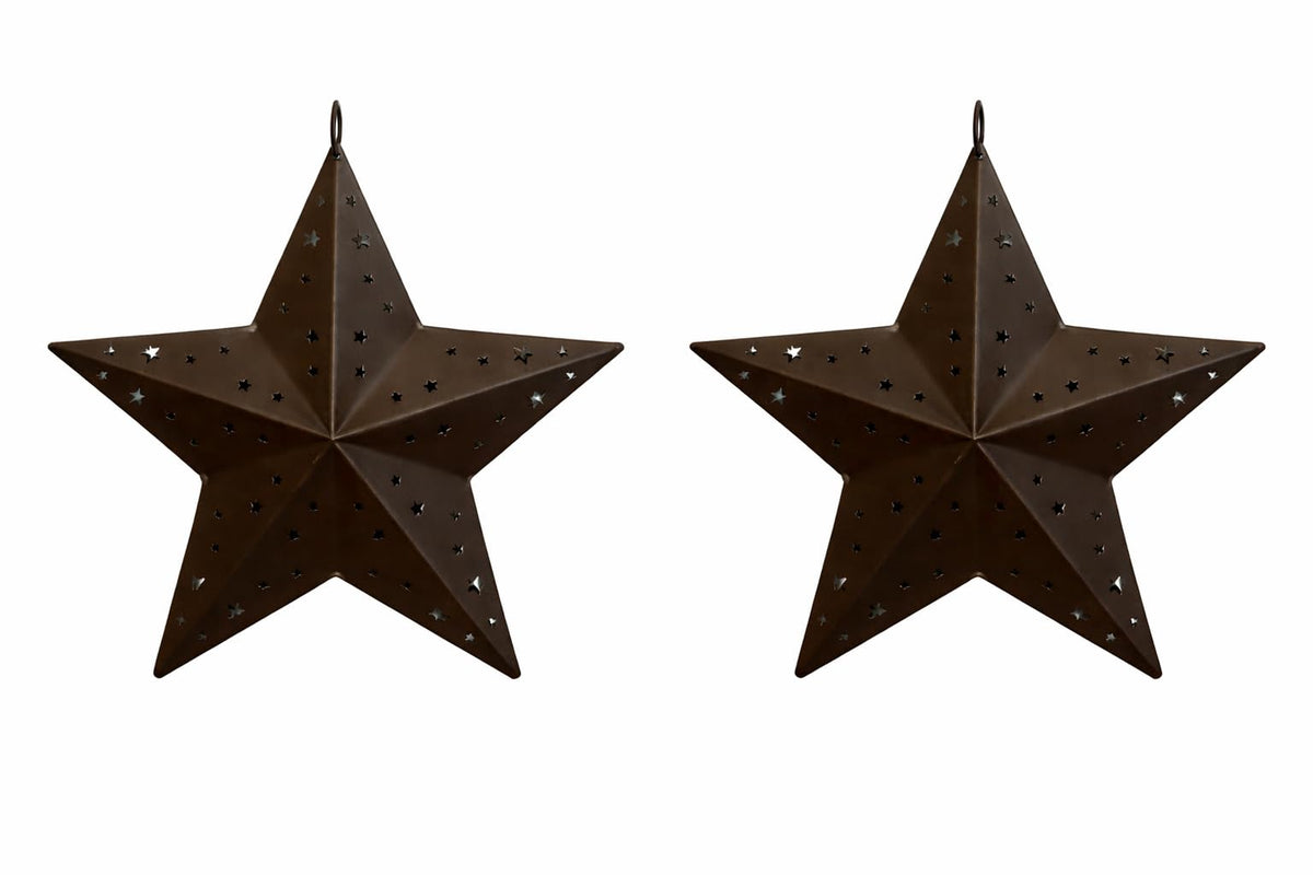 HAPPY DEALS ~ Rustic Metal Star Wall Decor Set of 2 with Punched Star Cutouts, 8 Inches, Brown