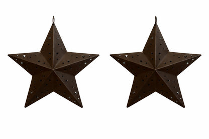 HAPPY DEALS ~ Rustic Metal Star Wall Decor Set of 2 with Punched Star Cutouts, 8 Inches, Brown