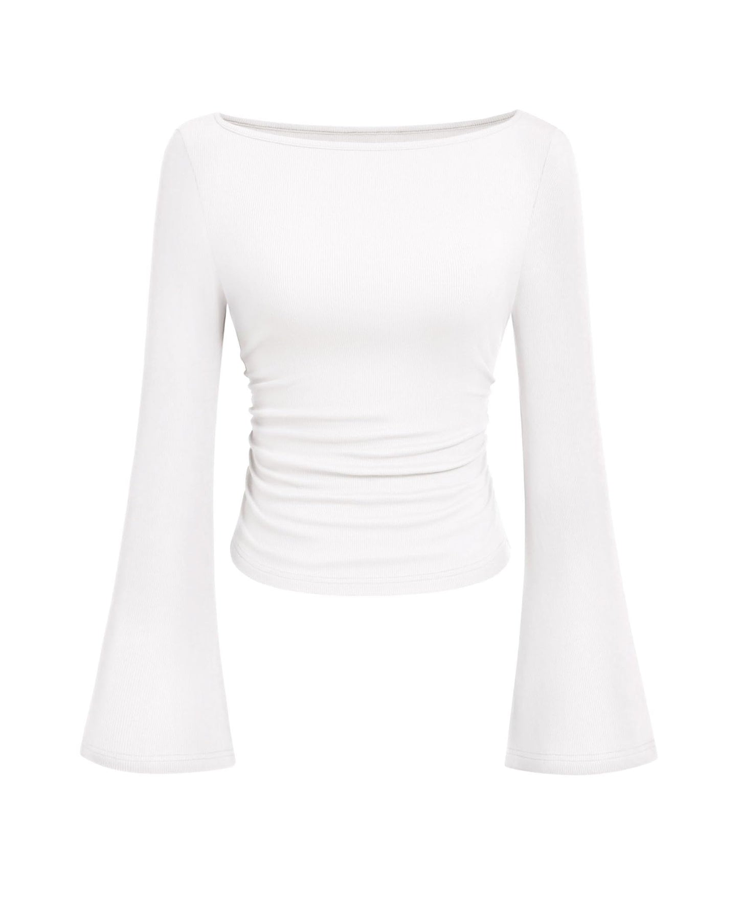 PRETTYGARDEN Women's Long Sleeve Shirts 2025 Fall Crop Going Out Tops Casual Boat Neck Bell Sleeve Ribbed Ruched Y2K Clothes