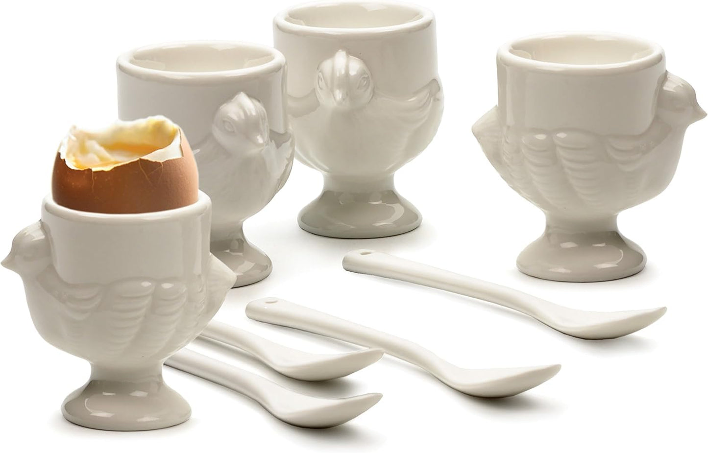 RSVP International Poached Egg Spoon, 4 Piece Set Multipurpose Use for Serving Jam, Honey or Soft Boiled Eggs, 5.5" Length, White Porcelain